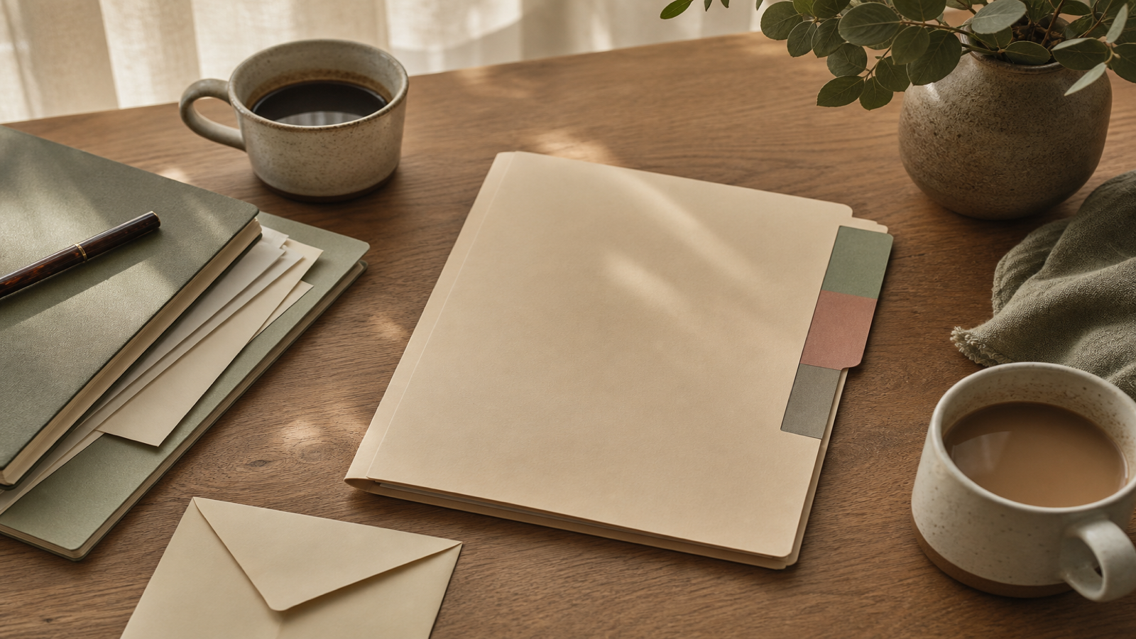 A calm desk with private documents, a pen, and a closed envelope for emergency planning.
