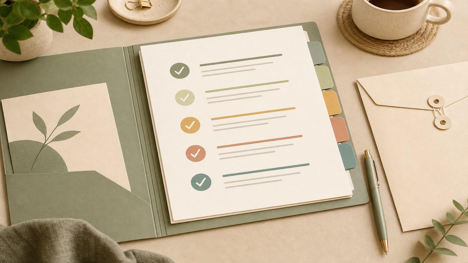 A neatly organized document folder with abstract tabs and lines, a pen, and a copy-ready envelope, with no readable text.