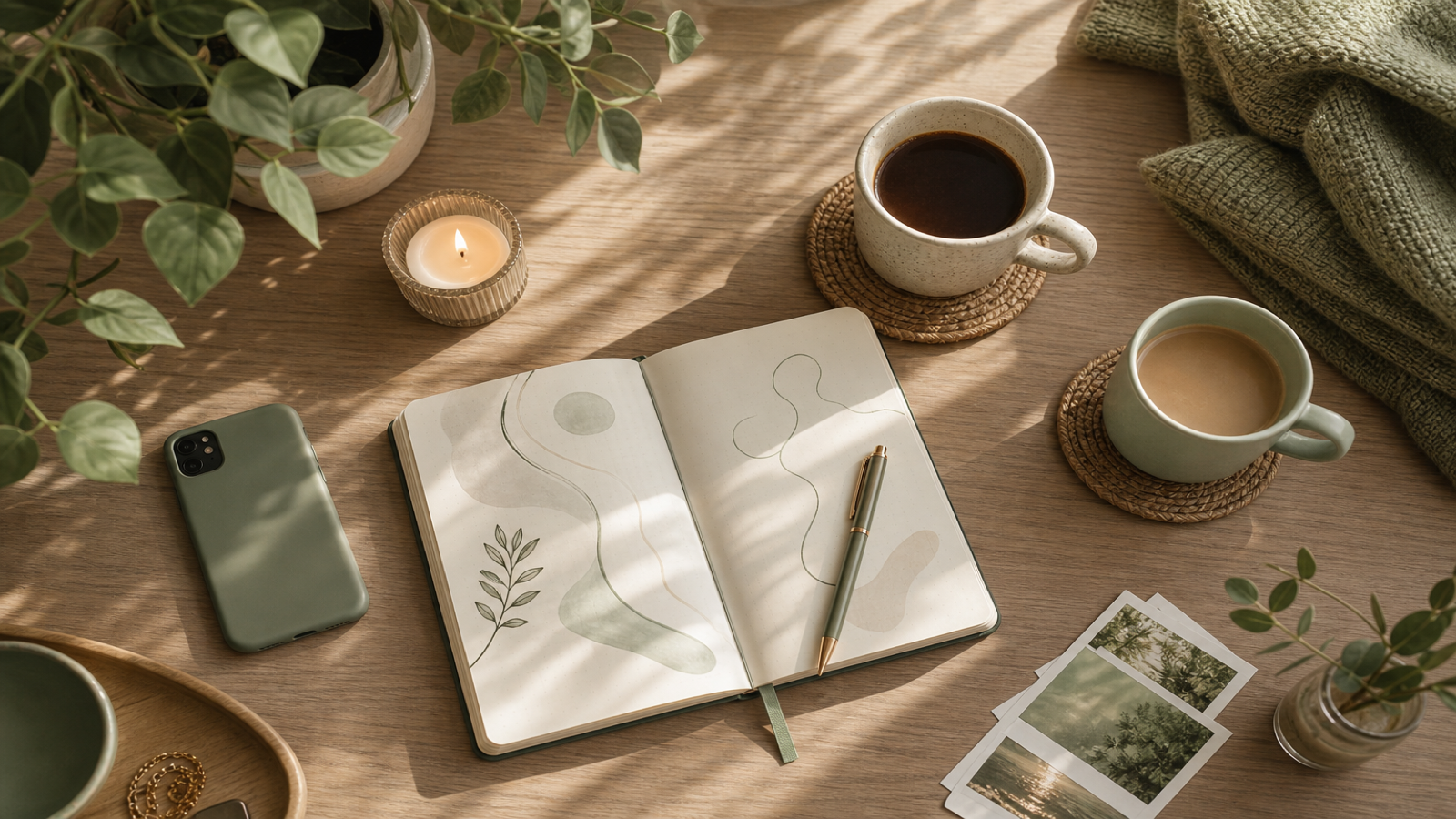 A quiet desk with a phone, notebook, soft light, and an extra coffee cup suggesting trusted support outside the couple.