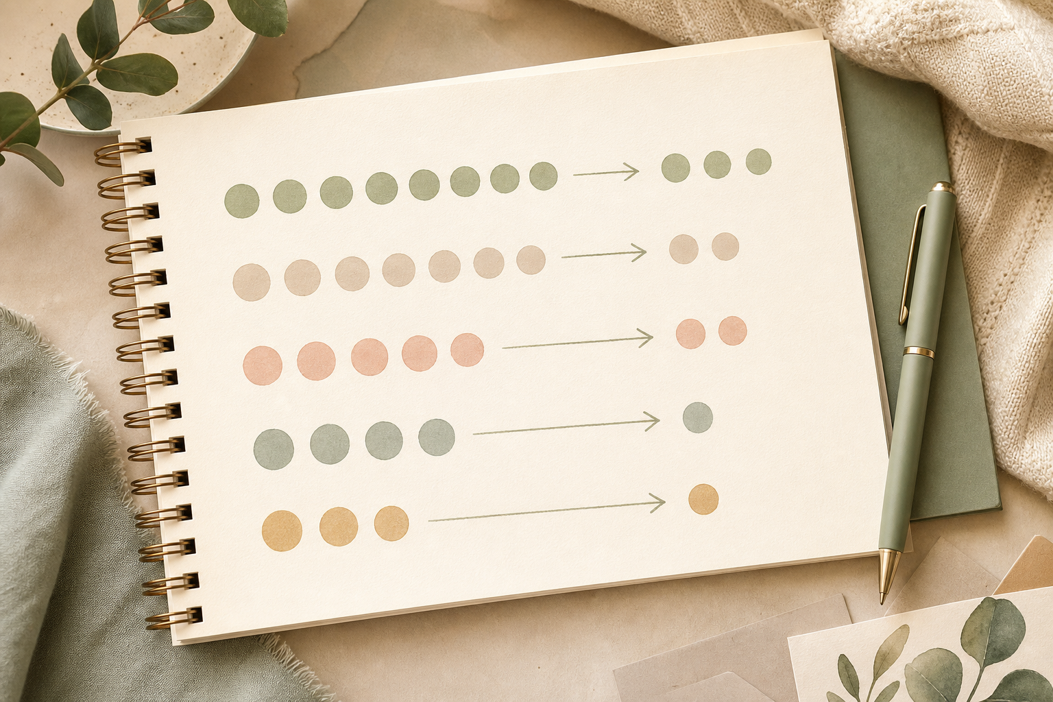 A notebook page with abstract rows of dots decreasing across stages, illustrating embryo attrition without readable numbers.