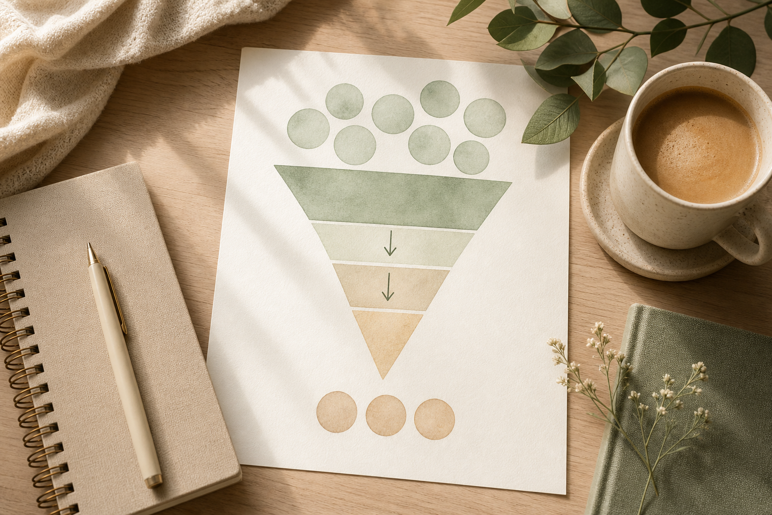A calm desk with abstract circles narrowing from many to few, suggesting the IVF attrition funnel from eggs to embryos.