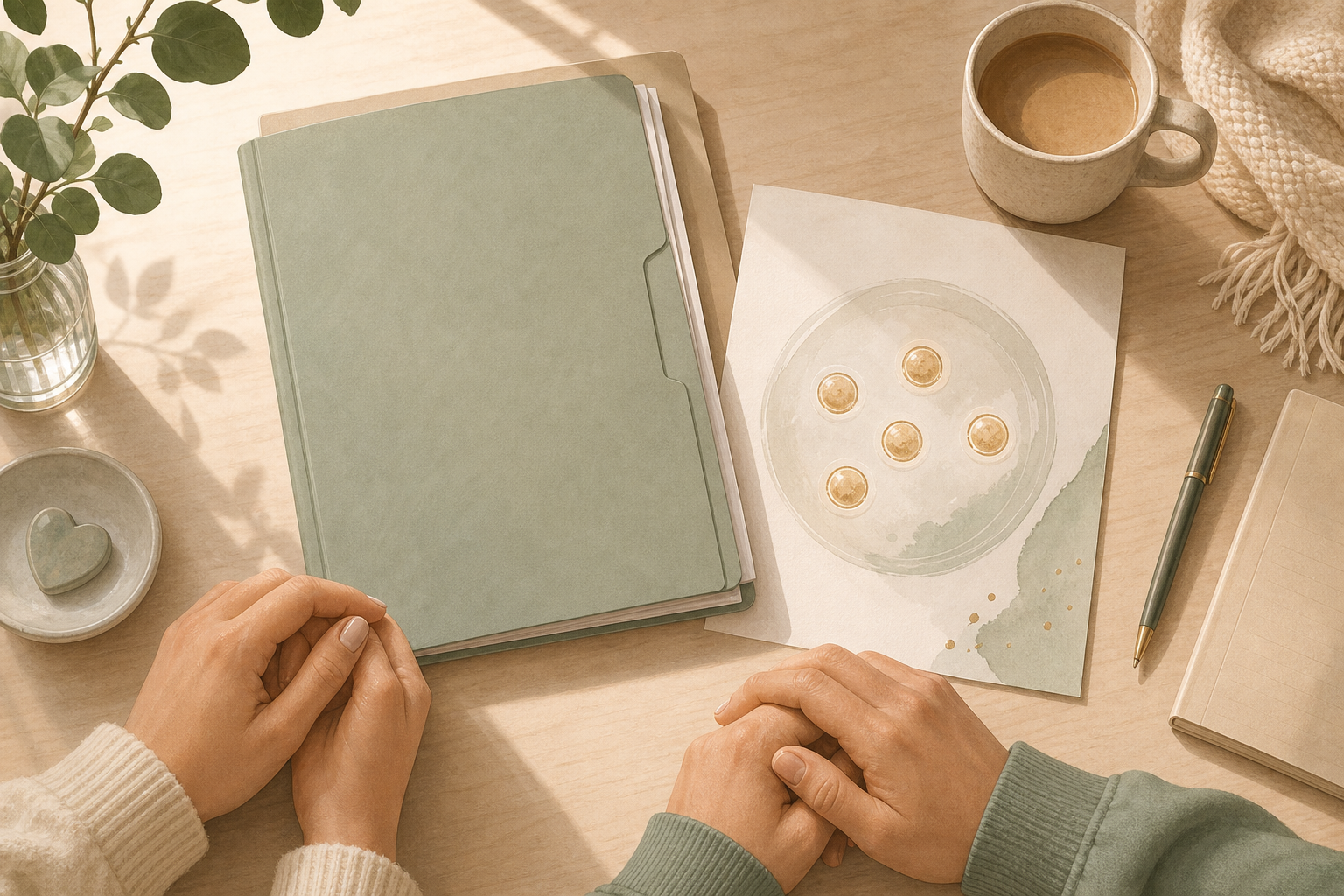 Hands near a closed report folder on a desk with five abstract highlighted dots and a coffee cup.