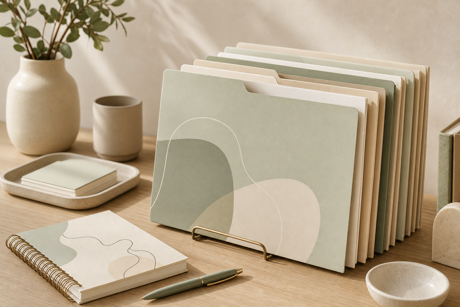A stack of abstract donor profile folders on a desk beside a notebook and pen.