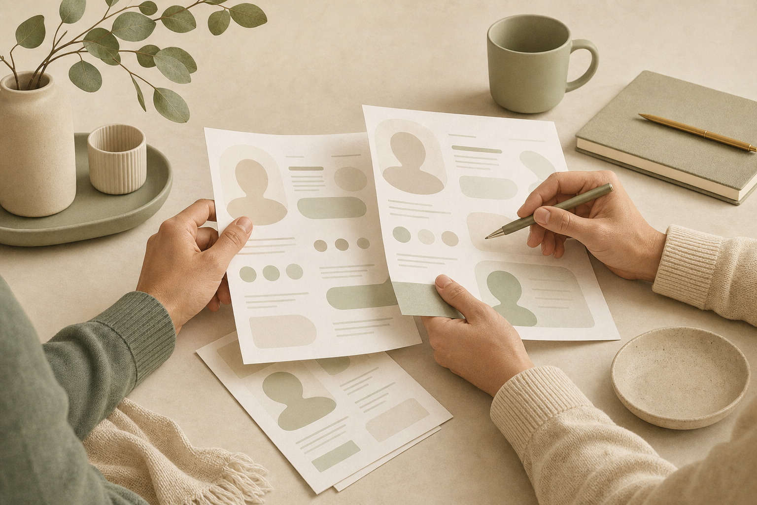 Two pairs of hands reviewing abstract profile sheets together at a quiet desk.