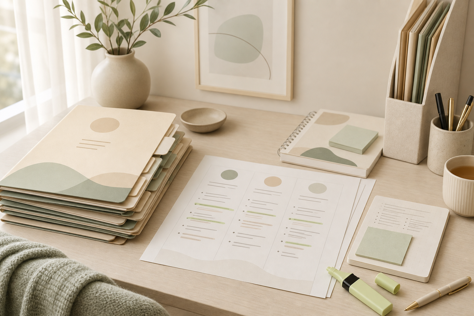 A stack of abstract donor profile folders on a desk beside a notebook and pen.