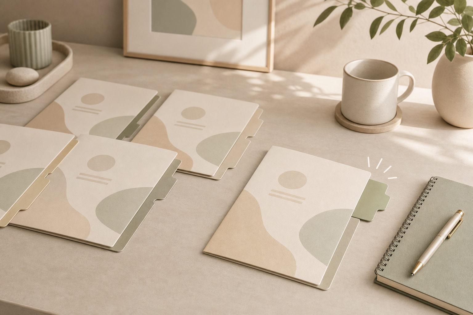 A folder marked selected among several other profile folders on a calm desk.