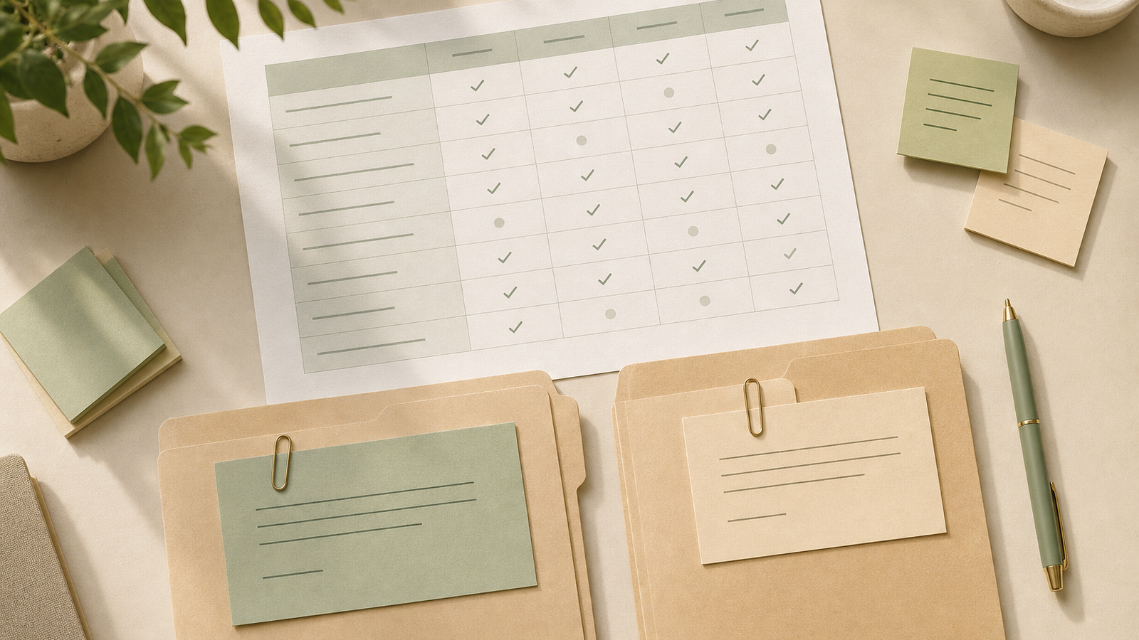 A comparison sheet and folders used to track answers from different surrogacy agencies.