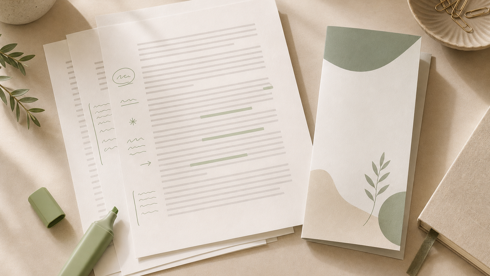 Contract pages and a brochure side by side, with margin notes for comparison.