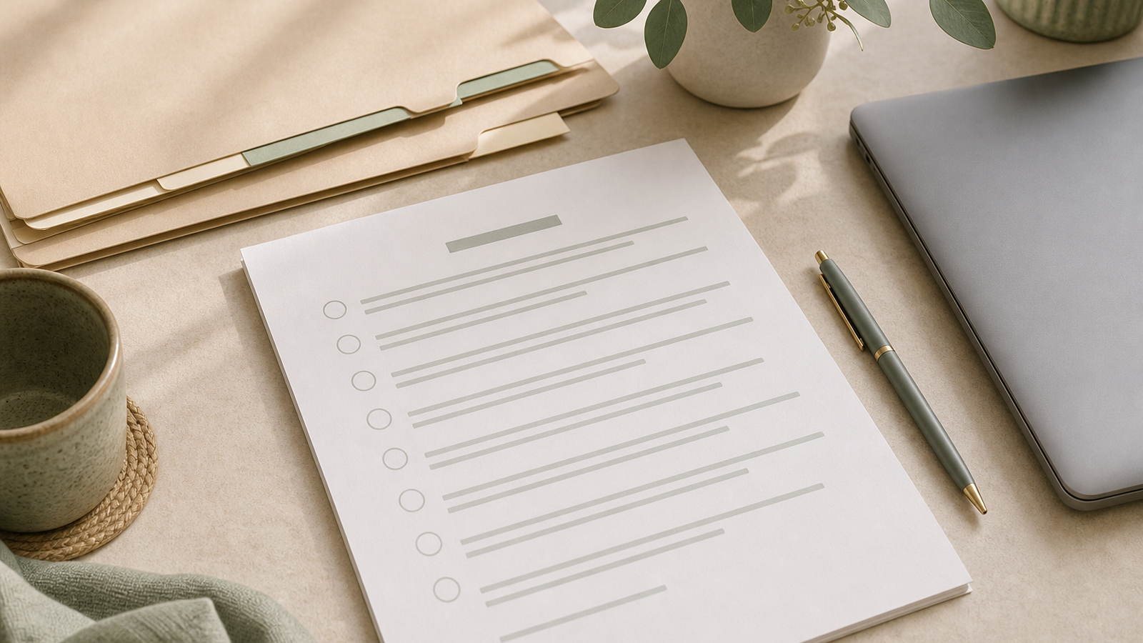 A calm desk with a question checklist, folders, and a pen-preparing to compare surrogacy agencies.