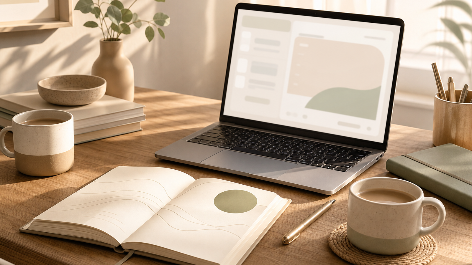 Two coffee cups and a notebook on a desk before an agency call.