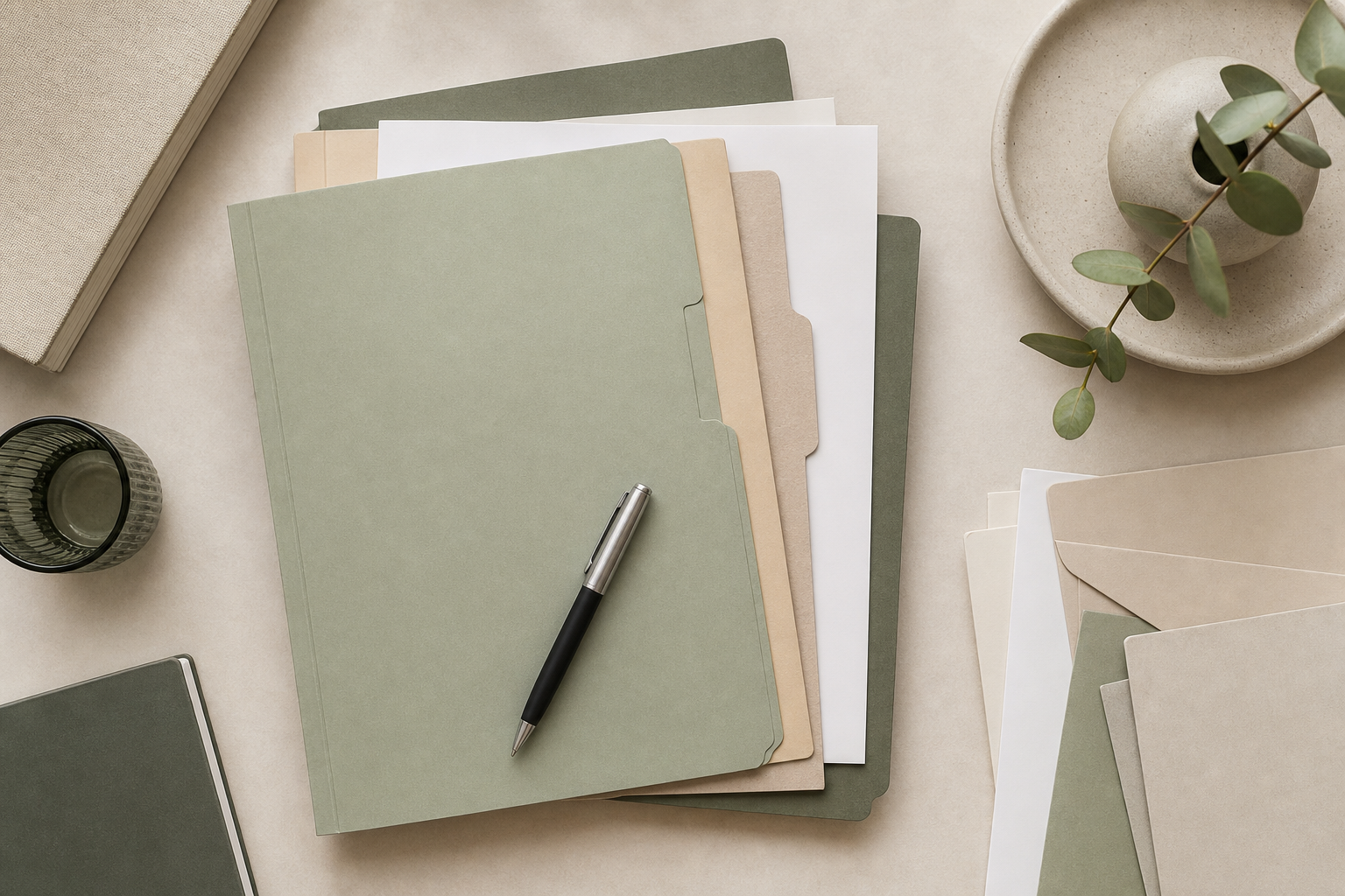 A stack of abstract document folders on a calm desk with a pen, with no readable text.