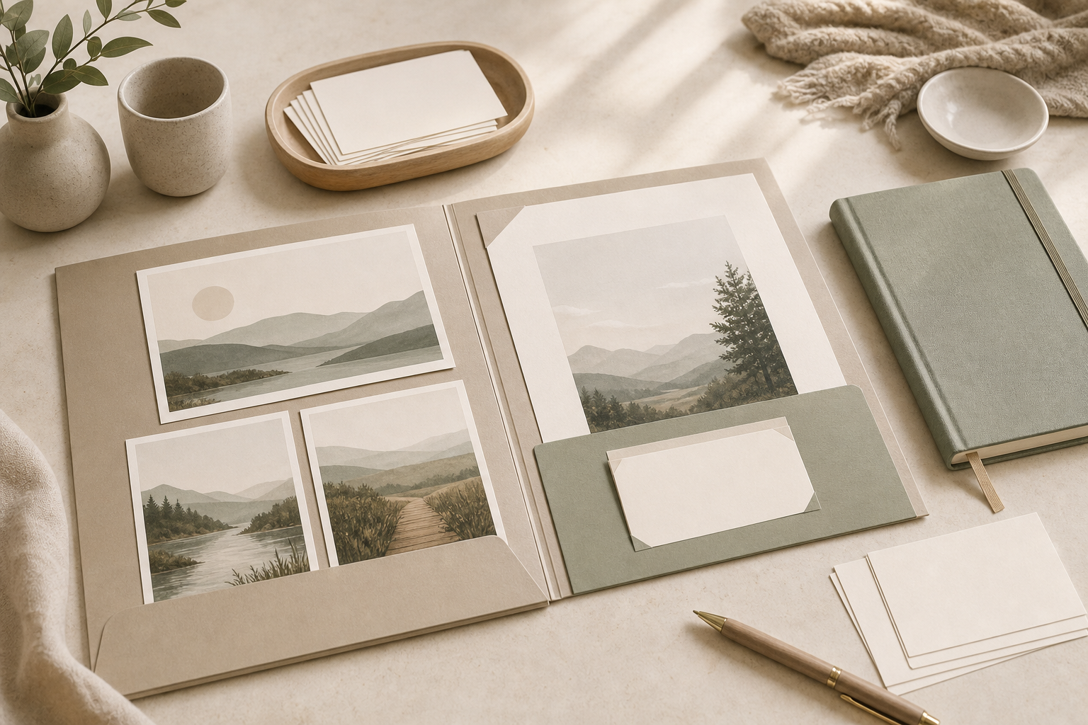 An open presentation folder on a desk with abstract photo placeholders and blank cards.
