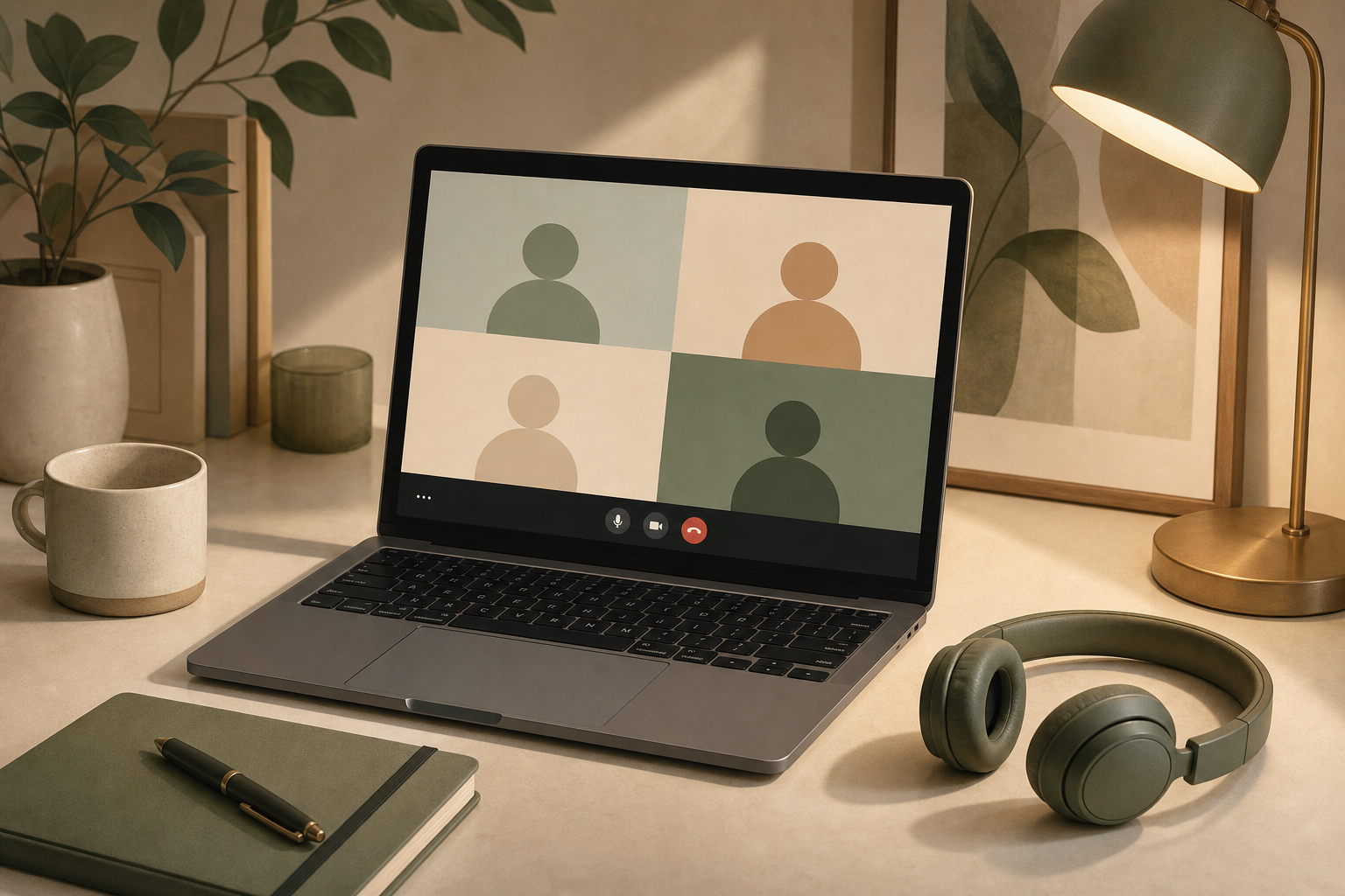 A laptop on a desk during a video call, with abstract participant placeholders and no visible faces.