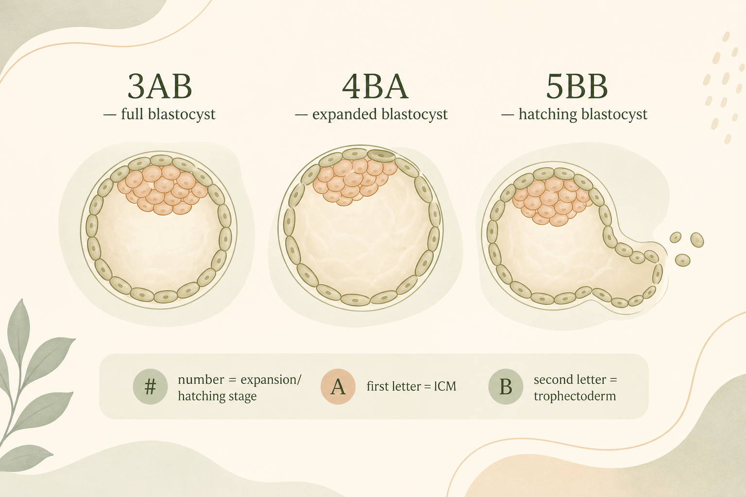 An abstract educational illustration showing embryo grades 3AB, 4BA, and 5BB labeled as full, expanded, and hatching blastocysts, with a legend for expansion stage, inner cell mass, and trophectoderm.