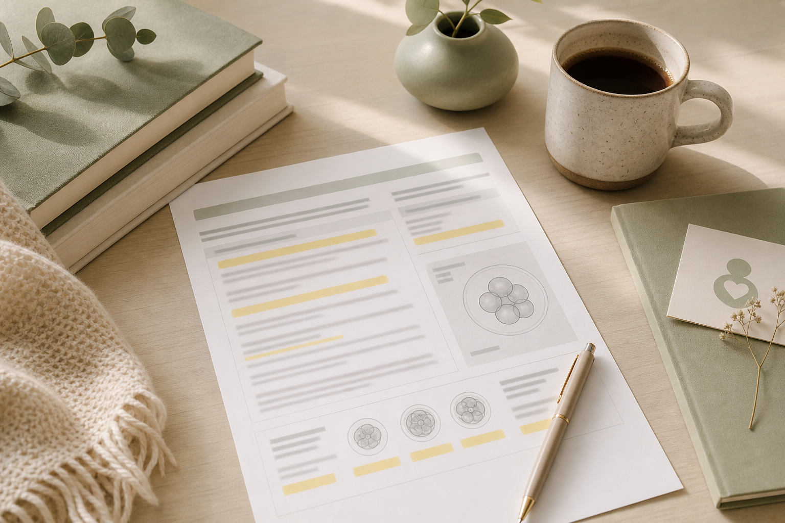 An embryology report on a desk with abstract highlighted sections and no readable patient information.