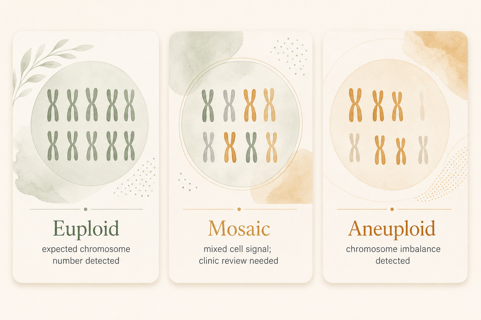 A soft editorial illustration comparing euploid, mosaic, and aneuploid PGT-A categories with descriptive labels and no transfer recommendations.