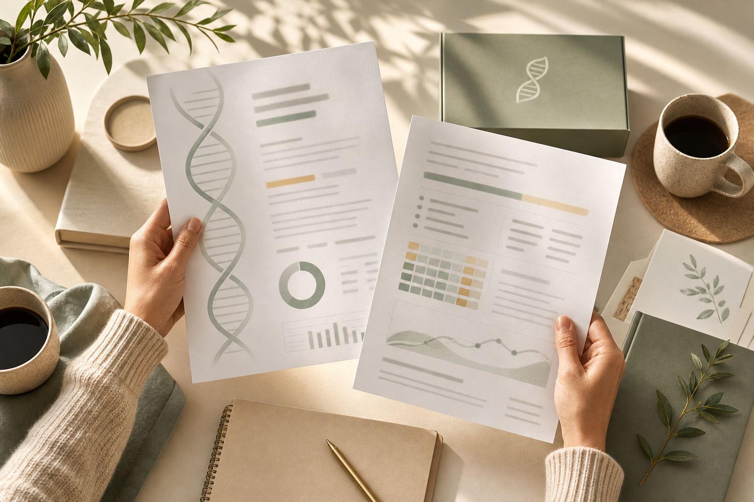 Hands reviewing abstract genetic testing documents on a desk with coffee cups, with no faces or readable patient data.
