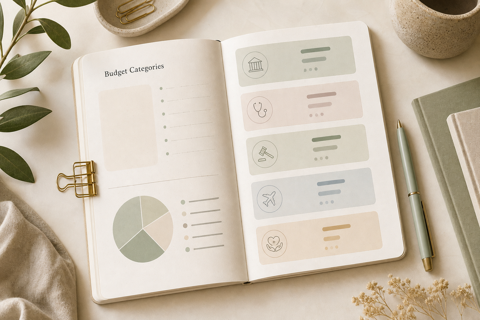 A notebook with abstract budget category cards for agency, clinic, legal, travel, and PGT, without readable amounts.