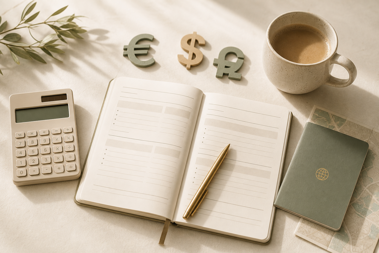 A desk with a calculator, budget notebook, passport, and coffee, suggesting multi-currency surrogacy budget planning.