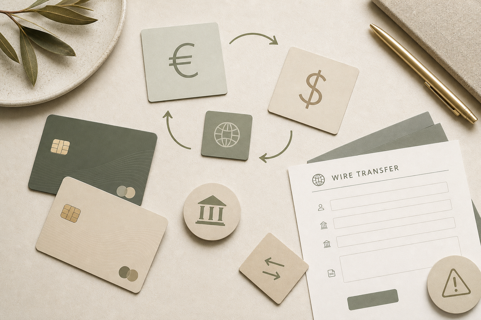 Abstract payment cards and currency conversion arrows on a desk, suggesting tested payment routes without bank logos.