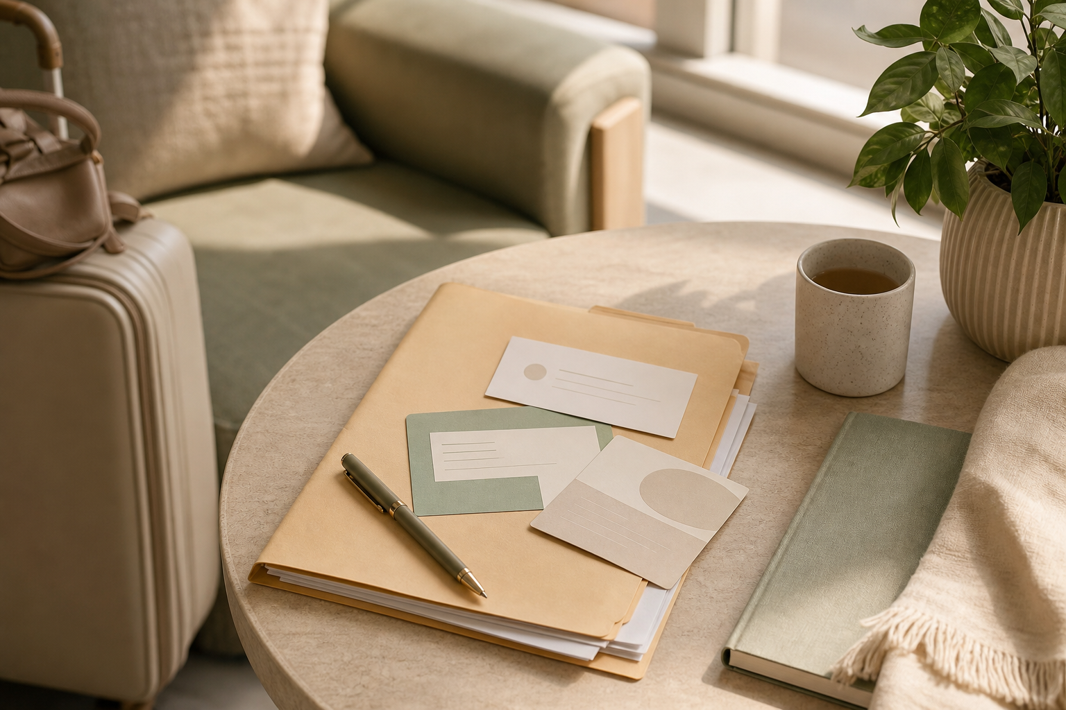 A folder and appointment papers on a table during a first clinic visit abroad.