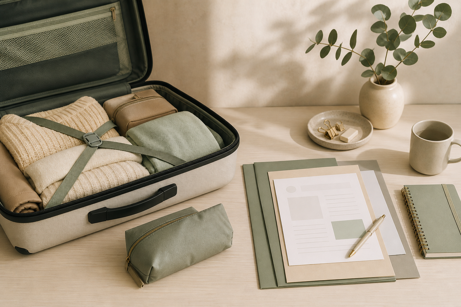 A carry-on and organized documents on a desk before a surrogacy trip abroad.