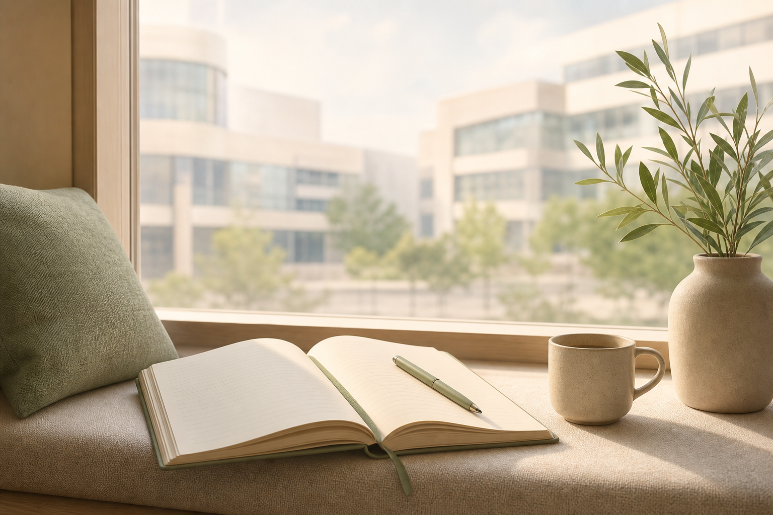 A notebook on a bench with a blurred hospital building visible through a window.