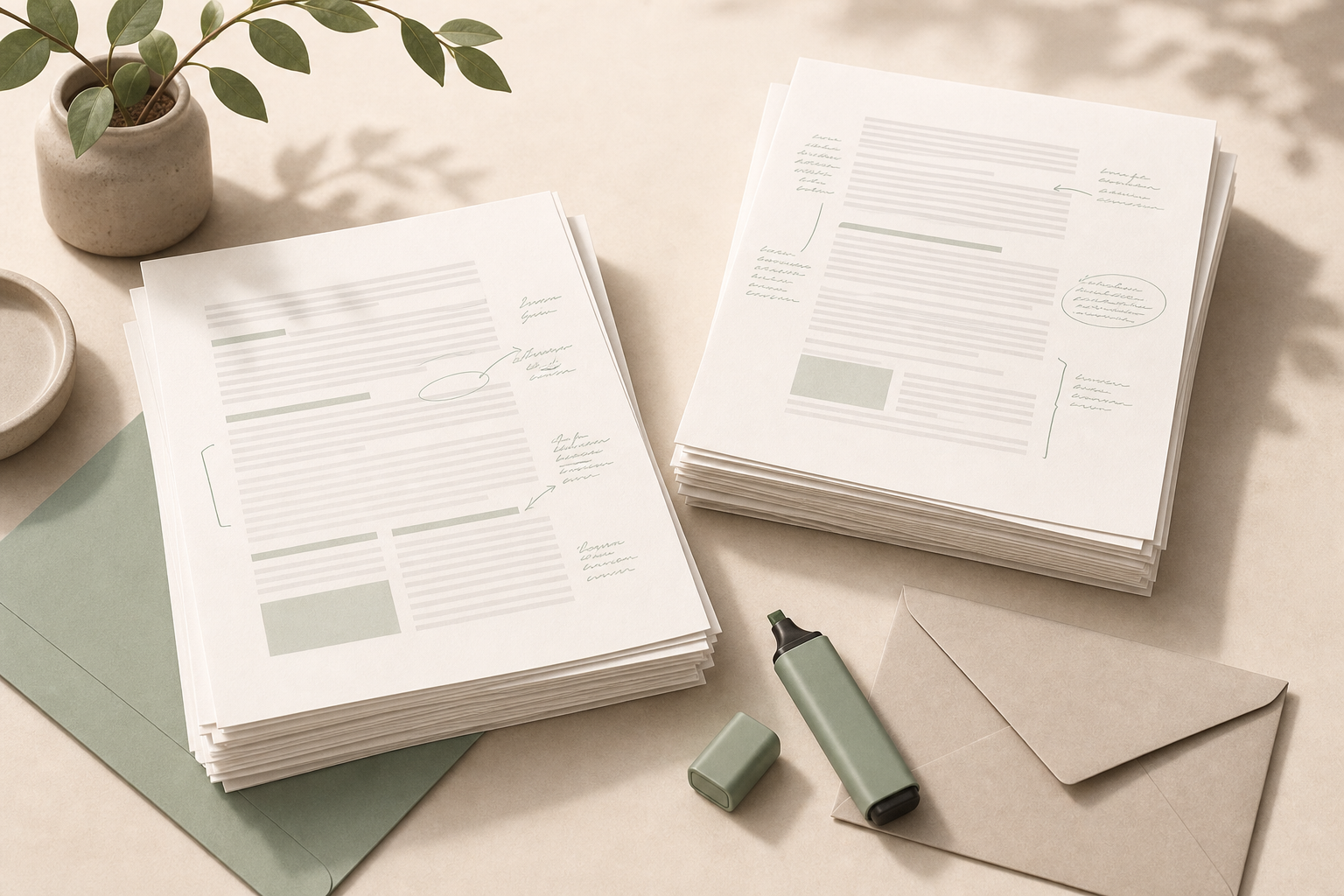 Document stacks with margin notes during a legal review before signing surrogacy contracts.