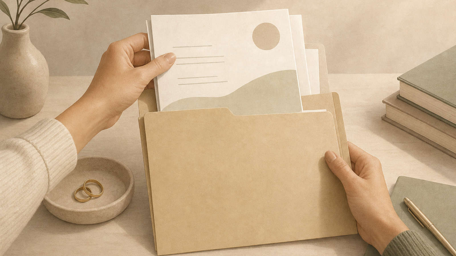 Hands filing a document into a folder for safekeeping.