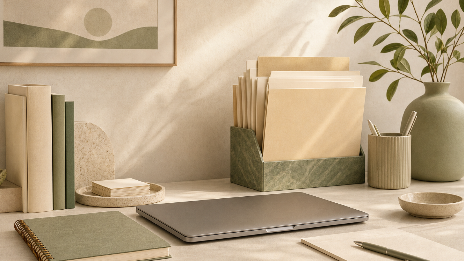 A calm desk with a notebook, folders, and a laptop—private planning for a surrogacy journey.