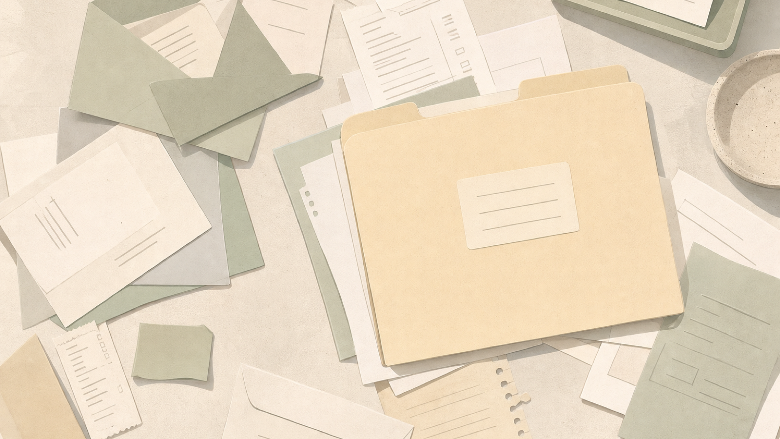 Surrogacy-related papers and folders spread on a table before being organized.