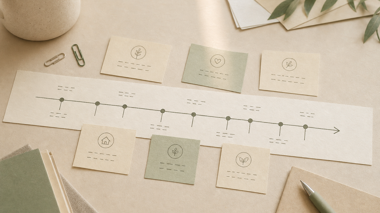 A simple handwritten timeline of milestones on paper.